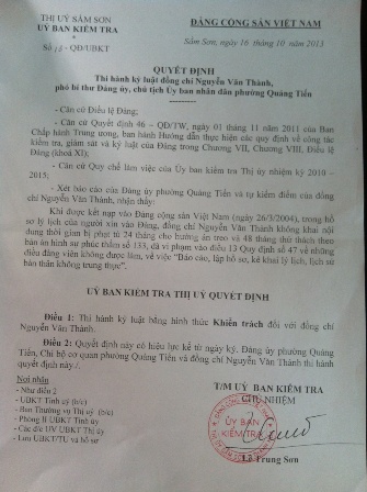 Thị ủy Sầm Sơn Thanh Hóa  Kỷ luật đảng viên sai phạm, nhưng quá nương nhẹ